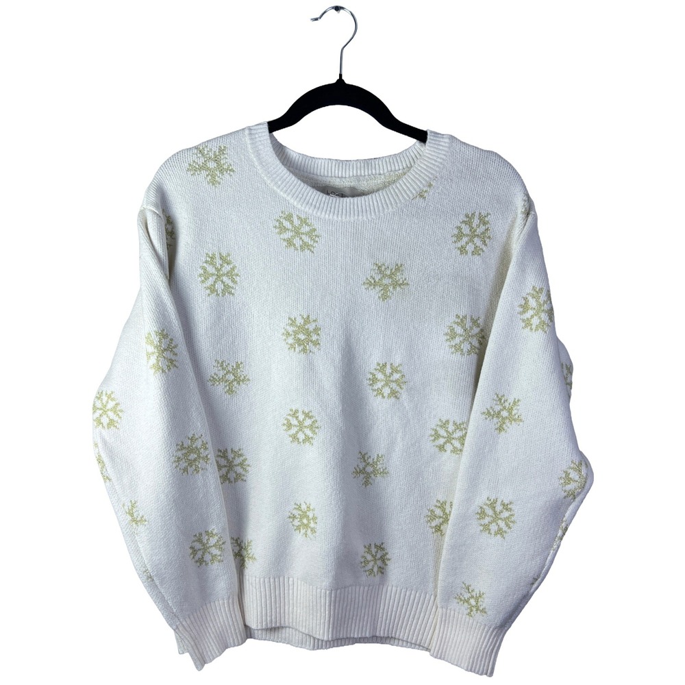 LOFT Metallic‎ Gold Snowflake Knit Sweater Women's L Coquette Winter